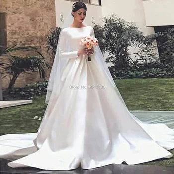 2022 Kuklus White Satin Vestuvių Suknelės su ilgomis Rankovėmis Linijos Samtelis Iškirpte Musulmonų Vestuvinės Suknelės Teismas Traukinio vestido de noiva