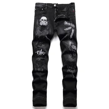 2022Mens Atsitiktinis Liesas Black Jeans Kelnės Hip-Hop Gotikos Džinsinio audinio Kelnės Streetwear Moterų Grafinis Spausdinti Punk Rock Džinsus, Dydis 38