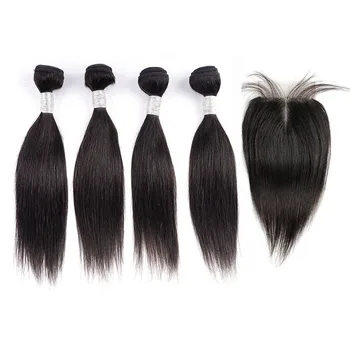 4 Ryšulius Su 4x1 Nėrinių Uždarymo 200g/Daug Tiesiai Indijos Remy Human Hair Extension Natūralių Spalvų Minkšta Ataudų Plaukų Bob Stiliaus