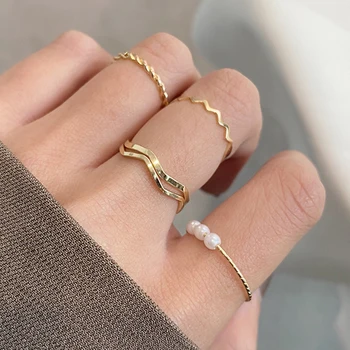 5 Vnt Mados Žiedų Rinkinys Moterims Papuošalai Apvalios Perlas Paprastumo Minimalistinio Stiliaus Asmenybės Geometrinis Žiedas Vestuves