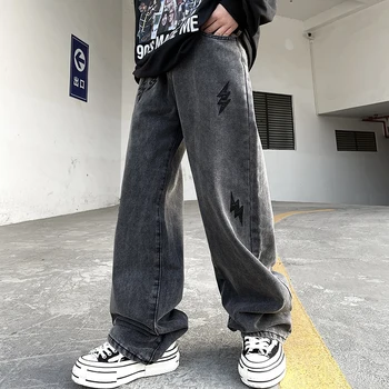 Amerikos Vibe Vėjo Žaibo Modelio Odiniai Džinsai, vyriški Tendencija Hip-hop Retro Kelnės Mados Gatvė Vyrų Ins Pardavimo Y2k Vyrų Džinsai