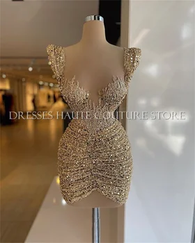 Aukso Prom Dresses Mini Trumpas Zawalcowany Oficialus Vakarėlis Vestidos Elegantiškas Kokteilių Suknelė Homecoming Chalatai
