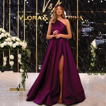 Booma Violetinę Satino Vakaro Suknelės Vienos Pečių Didelio Plyšio Pusėje Ilgai Vakare Chalatai Plisuotos-Line Oficialų Prom Dresses