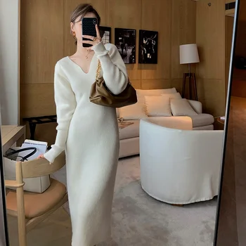 Elegantiškas Ilgas Baltas Mezgimo Suknelė Moterų Žiemos V-Kaklo, Ilgomis Rankovėmis Bodycon Suknelė Korėjos Office Lady Aukšto Juosmens Vintage Suknelė 2021
