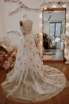 Elegantiškas Lvory Tiulio Boho Vestuvių Suknelės 2022 Aukso Dangaus Žvaigždė Bohemijos V-kaklo Iliuzija-line Oficialų Vakarą Prom Chalatai