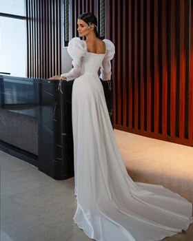 Elegantiškas Vestido De Noiva, Paprastas Vestuvių Suknelės-line Aikštėje Apykaklės Reljefiniai Rankovėmis Satino Boho Vestuvių Suknelė Vestuvių Suknelės