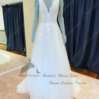 Lakshmigown Princesė Vestuvių Suknelė Moterims 2023 Linijos Ruched Balto Tiulio Long Beach Vestuvinės Suknelės V Kaklo, Atvira nugara