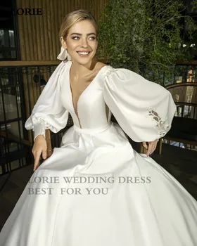 LORIE Princesė Vestuvių Suknelė Satino Sluoksniuotos Rankovėmis Gėlių Appliqued Nėrinių Sodo Nuotakos Suknelės, Kuklus, Chalatas de mariage 2021
