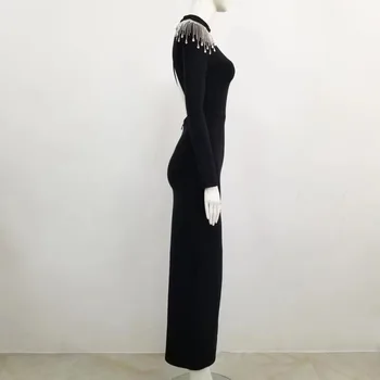 Moterų Žiemos Seksualus Backless Ilgomis Rankovėmis Deimantų Kutas Ilgai Bodycon Tvarstis Suknelė 2020 Elegantiškas Vakare Šalies Klubas Suknelė Vestidos
