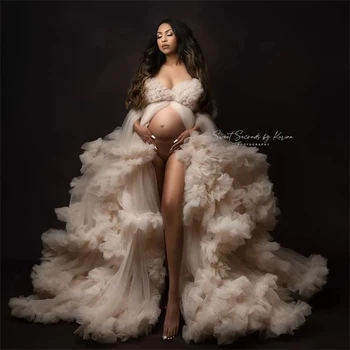Papildomų Reljefiniai Susiėmę Tiulio Motinystės Vestuvių Suknelės Photoshoot Kamuolys Suknelė Priekyje Padalinta Nėštumo, Motinystės Suknelė Babyshower