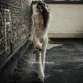 Prabangių Blizgančių Blizgučiais Long Sleeve Lace Jumpsuits Vestuvių Suknelės Su Crystal Varčias Giliai V-Kaklo Dubajus Arabų Vestuvinės Suknelės