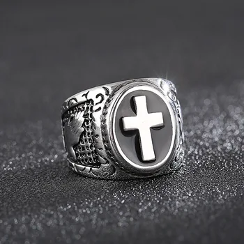 Religinių nerūdijančio plieno pirštų populiarus retro totem kryžiaus punk stiliaus titano plieno vyrų žiedas