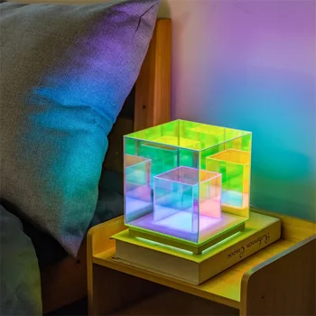 RGB 3D Cube Akrilo USB Įkrovimo Naktį Šviesos Kūrybinis Dizainas Lempos LED Dekoracija Stalo Apšvietimas, Namų Svetainės Baras Klubas