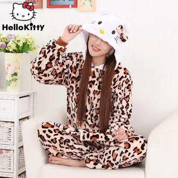 Sanrio Hello Kitty Spausdinti Pliušinis vientisas Pižama Y2k Kawaii Anime Cartoon Leopardas Spausdinti Flanelė Sleepwear Moteris Rudens-Žiemos
