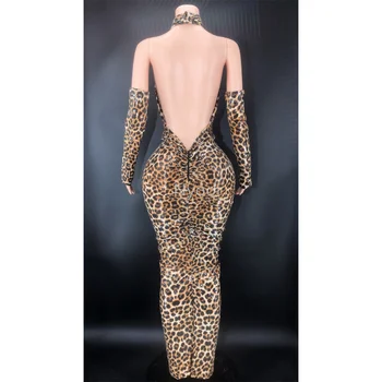 Seksualus Leopardas spausdinti Liesas Blizgančiais Ilgai Moterų Suknelė Vakare Šalies Gimtadienio Wrap Klubo Paketą Suknelę Dainininkė, Šokių Kostiumas