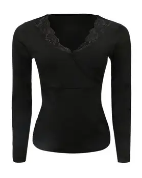 Seksualus Tee V-Kaklo Kontrastas Nėrinių Liesas Long Sleeve Top 2022 naujas mados moteriški drabužiai, marškinėliai rudenį, pavasarį moteriška juoda komplektai