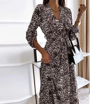 Senovinių Moterų Leopardas Spausdinti Maxi Suknelė Pavasarį, Rudenį Naujų Mados Seksualus Giliai V Kaklo Šalis Suknelė Elegantiškas Ponios Vestidos