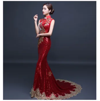 Siuvinėjimo Cheongsam Ilgai, Kinų, Rytietiškas Vakaro Suknelė Elegantiškas Princesė Suknelės Raudona Qipao Vestuvių Vasarą Moterys Seksualus Gėlės