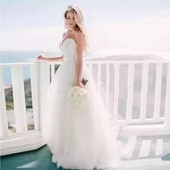 Spageti Dirželis Paplūdimys Vestuvių Suknelės 2021 Vestido Noiva Praia Paprastas Baltas Tiulis Casamento Varčias Nuotakos Suknelė pagal Užsakymą