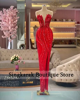 Sparkly Raudona Undinėlės Vakarinę Suknelę Pusės Split Karoliukai China Dubajus Vestuves Chalatai Prom Įžymybė Suknelė Rūbeliai De Soirée