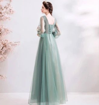 SSYFashion Naujas Pokylių Elegantiškas Vakarinę Suknelę Ilgomis Rankovėmis Šviežia Žalia Nėriniai Siuvinėjimo Gėlių Oficialią Šalies Chalatai Chalatas De Soiree