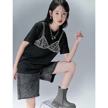 Toyouth Moterų marškinėliai 2022 m. Vasarą Trumpas Rankovės O Kaklo Prarasti Tees Korsetas Modelio Juodos Atsitiktinis Chic Viršūnės