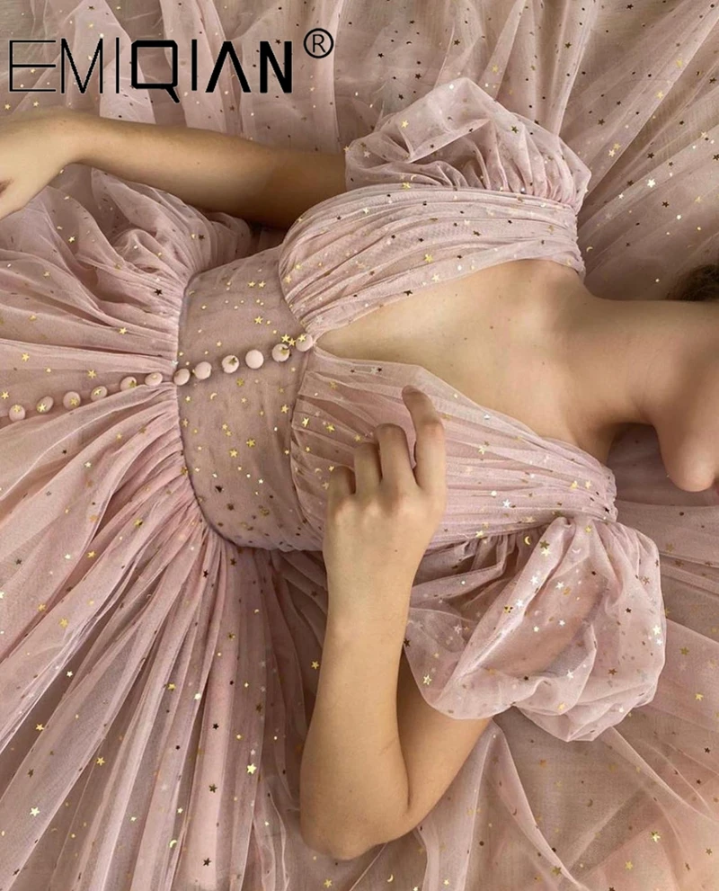 A-Line V-Kaklo, Trumpas, Uždusęs Rankovėmis Švęsti Suknelė Cinched Juosmens Vakarinę Suknelę ,Arbata Ilgis Dusty Pink Žvaigždėtą Tiulio Prom Dress Nuotrauka 1