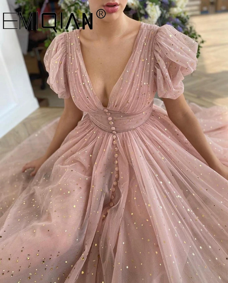 A-Line V-Kaklo, Trumpas, Uždusęs Rankovėmis Švęsti Suknelė Cinched Juosmens Vakarinę Suknelę ,Arbata Ilgis Dusty Pink Žvaigždėtą Tiulio Prom Dress Nuotrauka 3