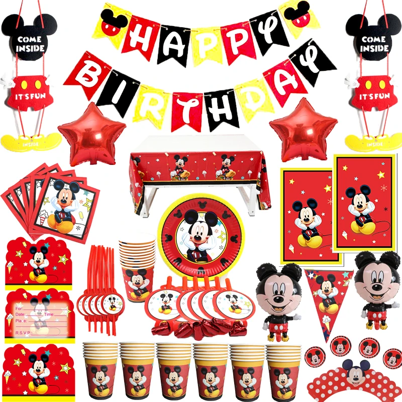 Animacinių filmų Mickey Mouse Vaikams Švęsti Gimtadienio Dekoro Plokštė Servetėlės Puodeliai Disney Vienkartiniai Indai vimpelas Šalies Prekių Nuotrauka 4