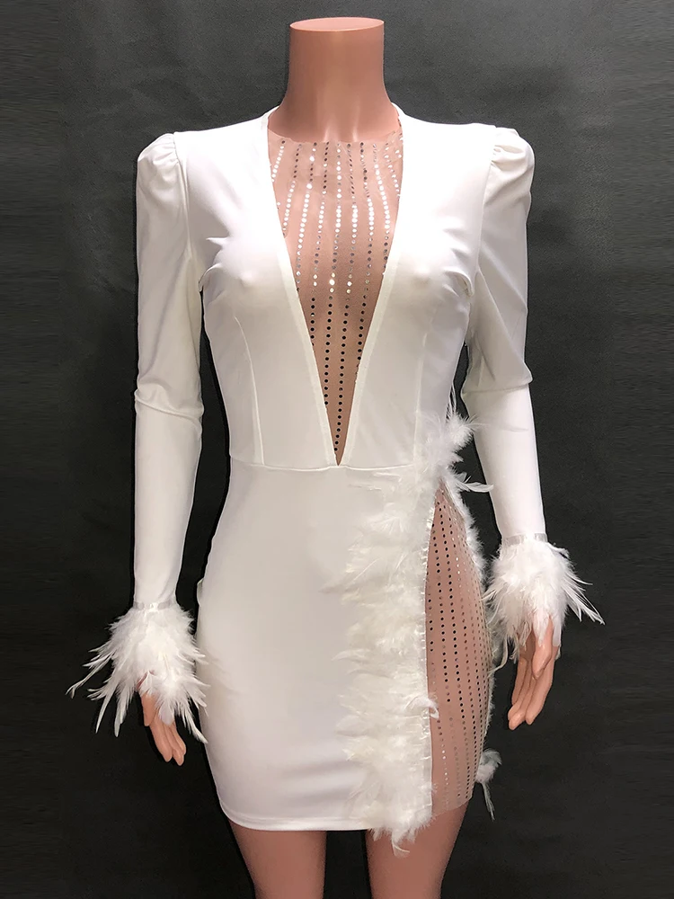 Articat Seksualus Matyti Per China Akių Kratinys Suknelės Moterims Gilia V Balta Plunksna Mini Šalis Suknelė Ponios Naktinis Klubas Vestidos Nuotrauka 1