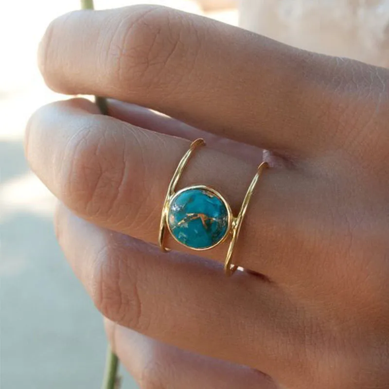 Asmeninį Derliaus Gamtos Mėlyna Turquoises Žiedai, Moterų, Vyrų, Antikvariniai Sidabro Spalvos Titano Dvigubo Sluoksnio Piršto Žiedas Papuošalai Nuotrauka 0