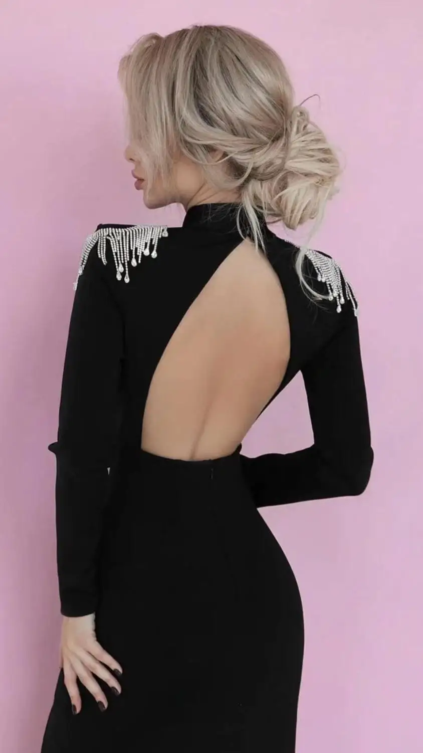 Moterų Žiemos Seksualus Backless Ilgomis Rankovėmis Deimantų Kutas Ilgai Bodycon Tvarstis Suknelė 2020 Elegantiškas Vakare Šalies Klubas Suknelė Vestidos Nuotrauka 2