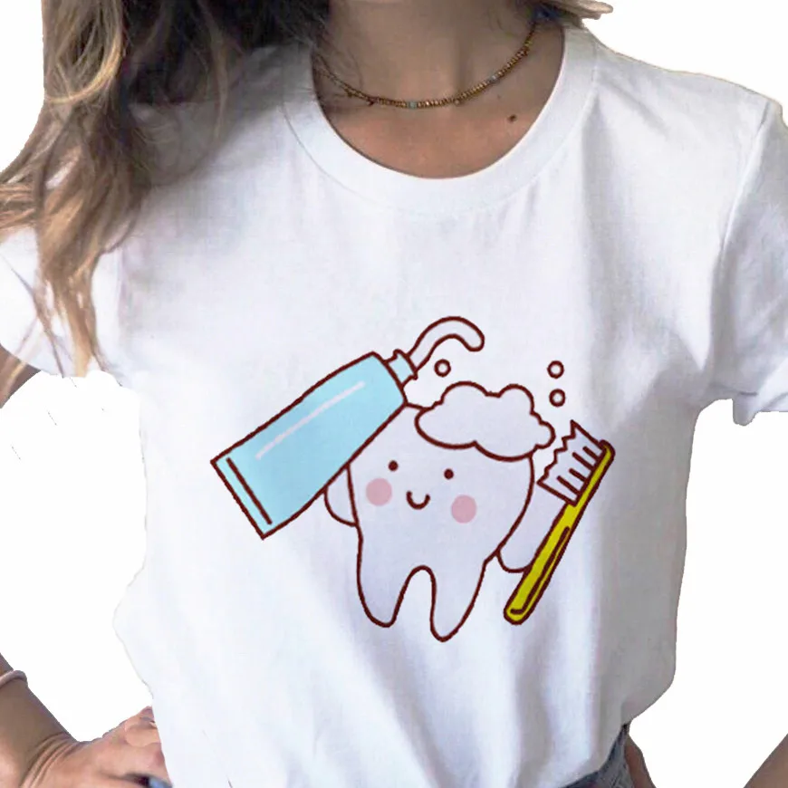 Top Gražių animacinių filmų dantų odontologas spausdinti ponios T-shirt atsitiktinis pagrindas, O-apykakle balti marškiniai trumpomis rankovėmis ponios T-shirt,Lašas Laivas Nuotrauka 1