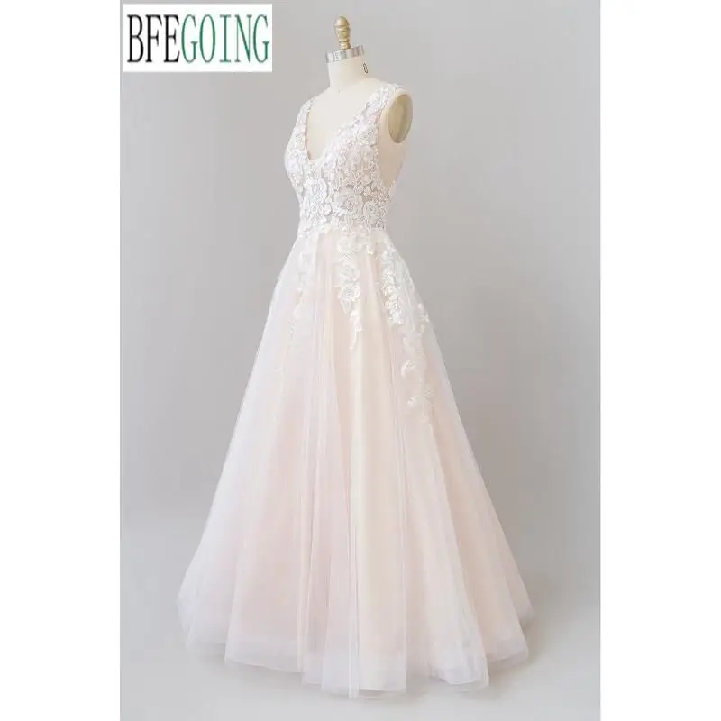 Šampanas Tiulio Nėrinių V-Kaklo, Rankovių Grindų-Ilgis A-Line Wedding Dresses Užsakymą Vestuvinės Suknelės Nuotrauka 0