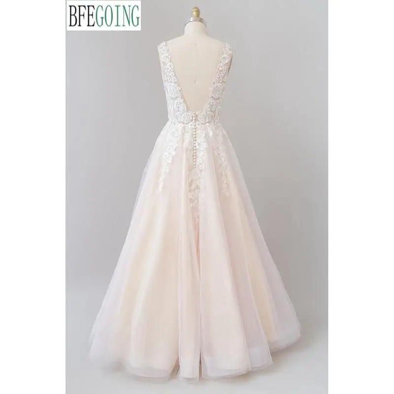 Šampanas Tiulio Nėrinių V-Kaklo, Rankovių Grindų-Ilgis A-Line Wedding Dresses Užsakymą Vestuvinės Suknelės Nuotrauka 1