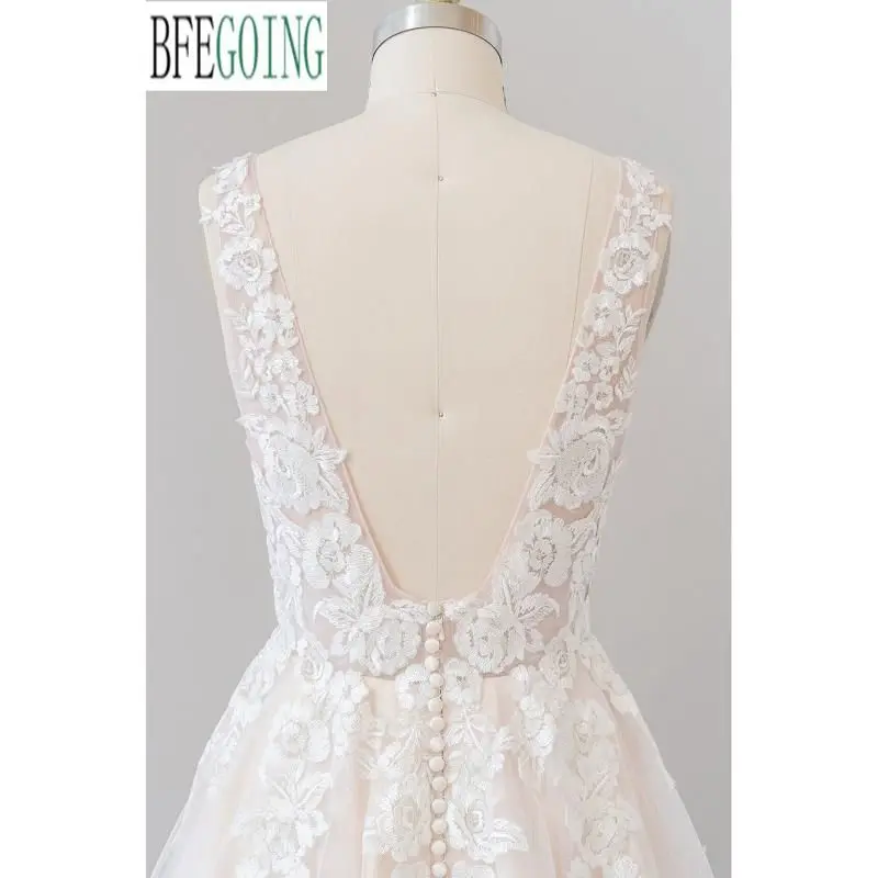 Šampanas Tiulio Nėrinių V-Kaklo, Rankovių Grindų-Ilgis A-Line Wedding Dresses Užsakymą Vestuvinės Suknelės Nuotrauka 2