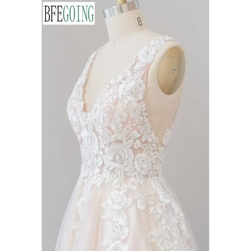 Šampanas Tiulio Nėrinių V-Kaklo, Rankovių Grindų-Ilgis A-Line Wedding Dresses Užsakymą Vestuvinės Suknelės Nuotrauka 3