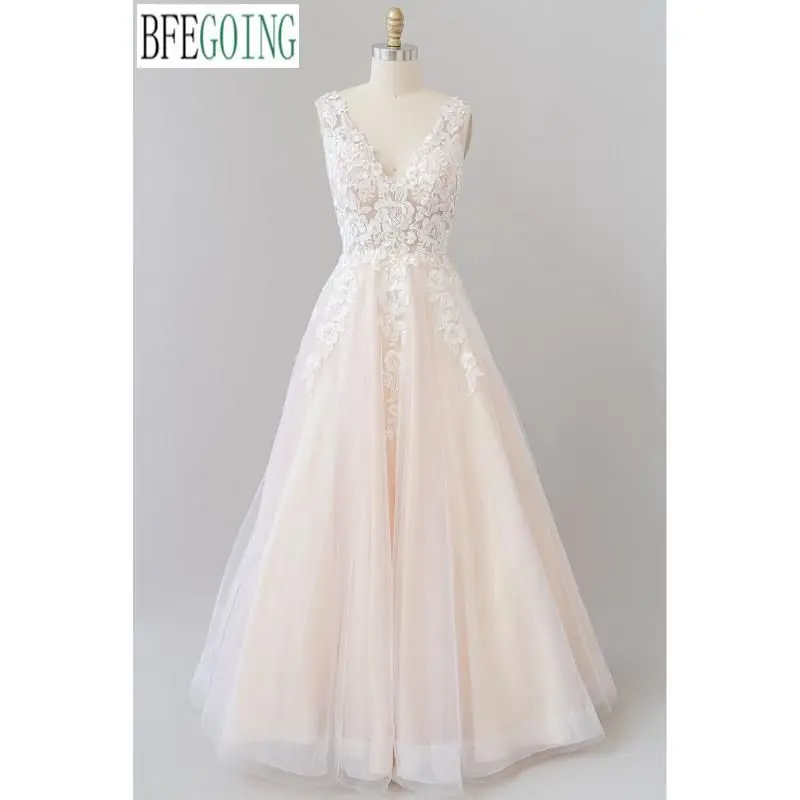 Šampanas Tiulio Nėrinių V-Kaklo, Rankovių Grindų-Ilgis A-Line Wedding Dresses Užsakymą Vestuvinės Suknelės Nuotrauka 4