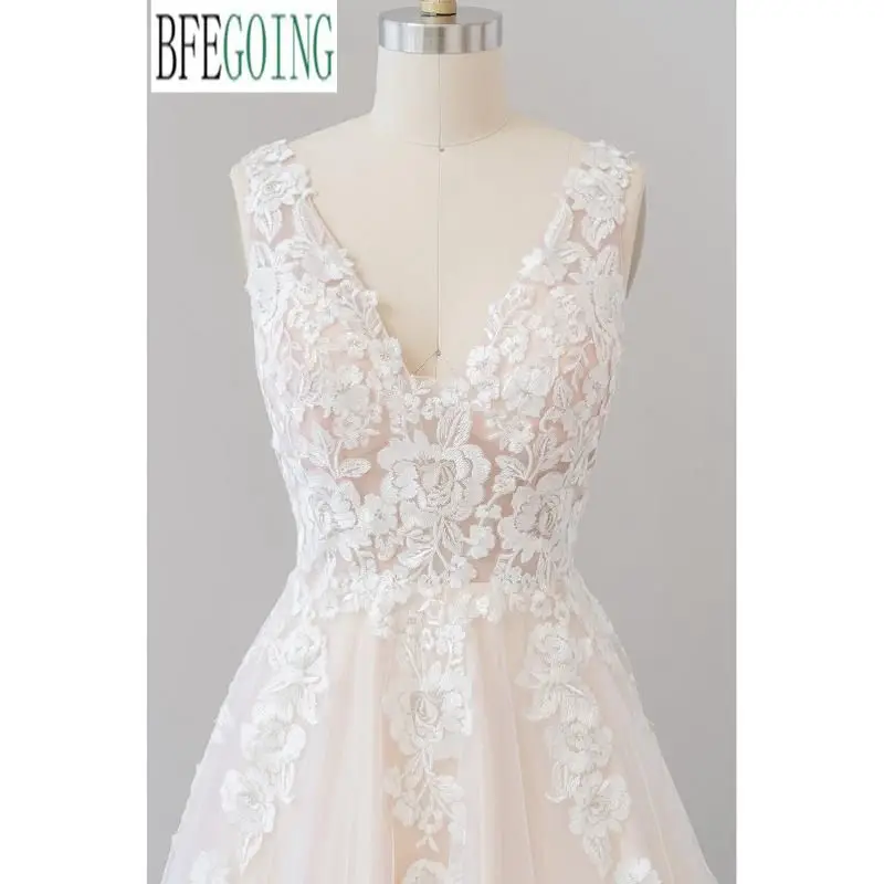 Šampanas Tiulio Nėrinių V-Kaklo, Rankovių Grindų-Ilgis A-Line Wedding Dresses Užsakymą Vestuvinės Suknelės Nuotrauka 5