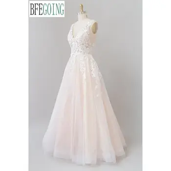 Šampanas Tiulio Nėrinių V-Kaklo, Rankovių Grindų-Ilgis A-Line Wedding Dresses Užsakymą Vestuvinės Suknelės