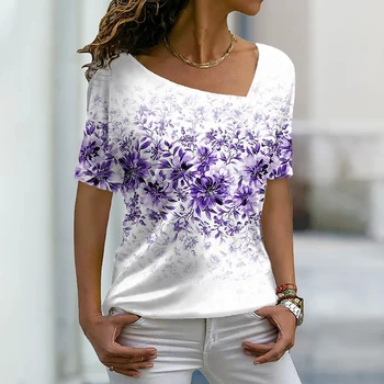 2022 m. Vasaros Moterų Gėlių Tema 3D Atspausdintas Tapybos T Marškinėliai V Kaklu, Moterų Topai Puloveris Pagrindinio Streetwear Naujo Dizaino T Shirts