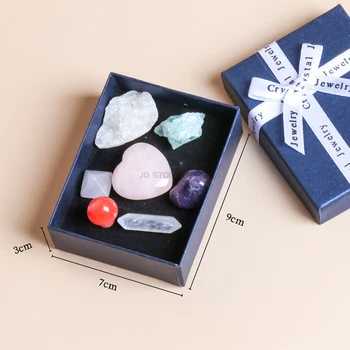 7Pcs/Set Natūralių Kristalų Akmuo Grubus Rose Kvarcas, Ametistas Sveikatos energetikos akmuo, mineralinis mėginių surinkimo dovanų dėžutėje