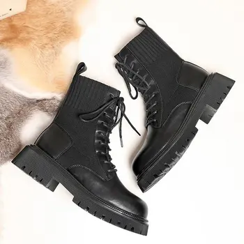 Aikštėje kulno nėriniai-up megztos kojinės batai platformos juodos spalvos moteriški batai 2021fashion moterų žiemą šiltas, storos-soled batai
