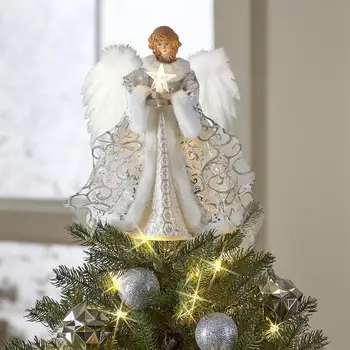 Angel Tree Topper Kaimiškas Butas Angelas Pakabukas Kalėdų Eglutė Topper Elegantiškas Angelo Statula Treetop Blizga Vidaus Lauko