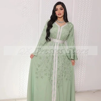 Maroko Kaftan Vakaro Suknelės Šviesiai Žalia Elegantiškas Puošnios Nėrinių Arabų Abaja Oficialų Promenadzie Suknelė 2022 Ilgomis Rankovėmis Dubajus Rūbeliai