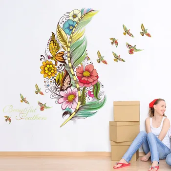 Spalvinga 3D Vivid Plunksnų Gėlės Sienų Lipdukai Namų Dekoro Drugelis Paukščių Dailės Freskos PVC lipnios Šaldytuvas Tapetai