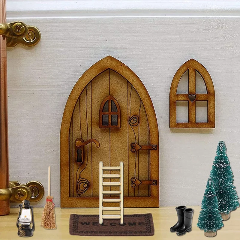 1:12 Lėlės Namas,Gnome Durų Kalėdų Nustatyti,Gnome Namų Dekoro,Gnome Durų Žibinto Kalėdų Medžio Vainikas Mediniais Laiptais, Ir Tt Nuotrauka 0
