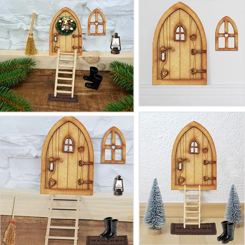 1:12 Lėlės Namas,Gnome Durų Kalėdų Nustatyti,Gnome Namų Dekoro,Gnome Durų Žibinto Kalėdų Medžio Vainikas Mediniais Laiptais, Ir Tt Nuotrauka 1