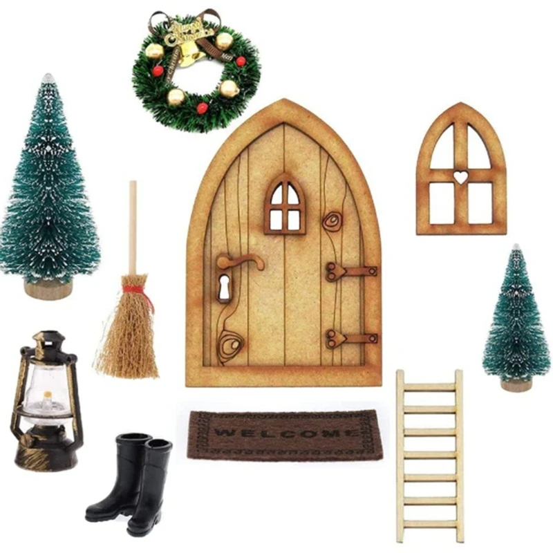 1:12 Lėlės Namas,Gnome Durų Kalėdų Nustatyti,Gnome Namų Dekoro,Gnome Durų Žibinto Kalėdų Medžio Vainikas Mediniais Laiptais, Ir Tt Nuotrauka 5