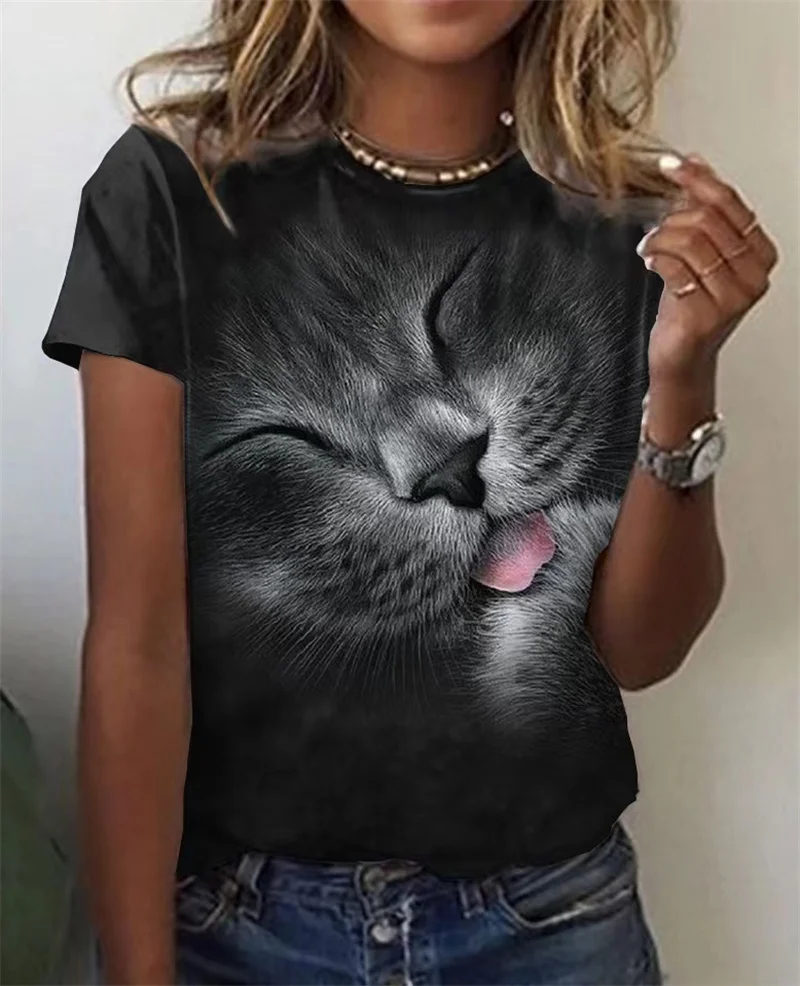2022 katė 3D spausdinimo moterų Harajuku gyvūnų trumparankoviai vasaros suknelė mados atsitiktinis kvėpuojantis populiarus moteriški marškinėliai Nuotrauka 0